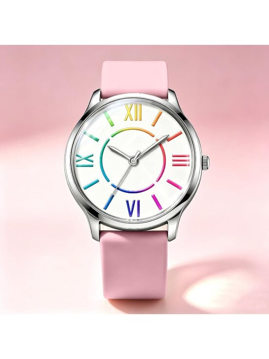 Women\'s Pink Colorful Roman Numerals Fashion Analog Waterproof Wrist Watch